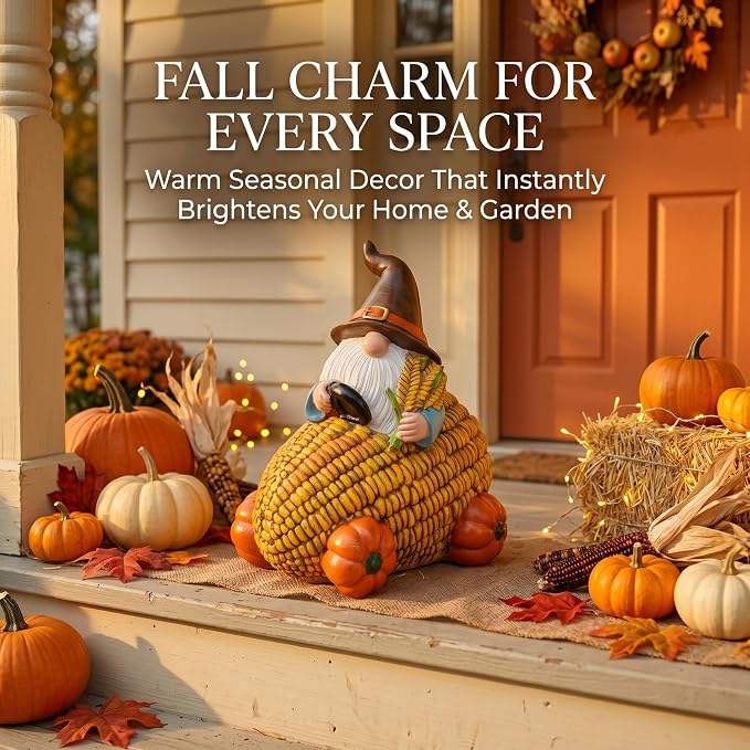 Topadorn Fall Gnome Corn Car Figurine, Resin Harvest Gnome Statue with Pumpkin Wheels, Thanksgiving Table Decoration, Farmhouse Autumn Decor for Indoor & Outdoor