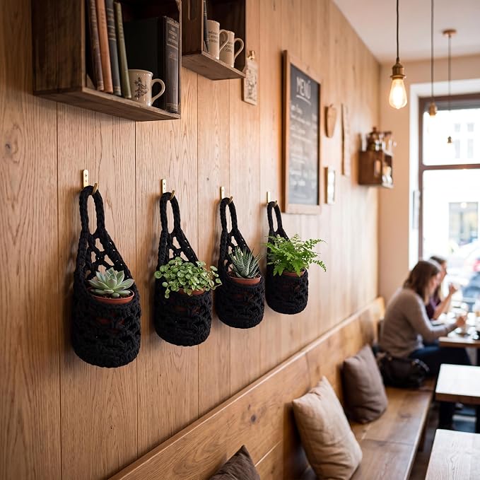 6 Pk Wall Planters for Indoor Macrame Plant Hanger Boho Wall Mounted Flower Baskets Hanging Planter, Plants and Pots are Not Included (Black,4 x 8 Inch)