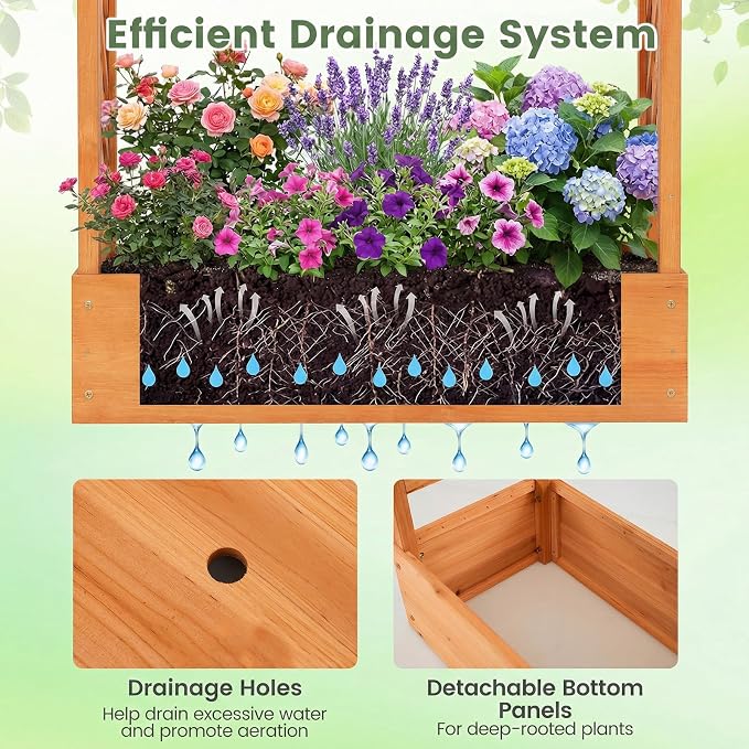 Giantex Wooden Raised Garden Bed with Trellis & Hanging Roof, Fir Wood Planter Box, 45" Freestanding Elevated Garden Bed for Outdoor Climbing Plants Vegetables Flowers, Patio & Balcony, Orange