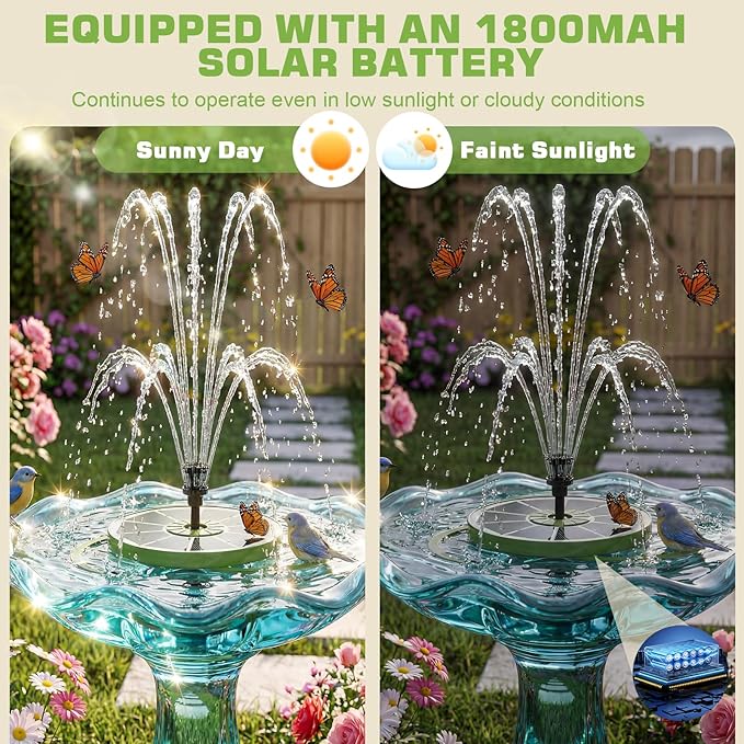 AISITIN 3.5W Solar Bird Bath Fountain with Built-in 1500mAh Battery, Solar Water Pump with 8 Nozzles, Solar Powered Floating Fountain for Outdoor Garden, Birdbath, Pond, Pool, Fish Tank - Dark Green