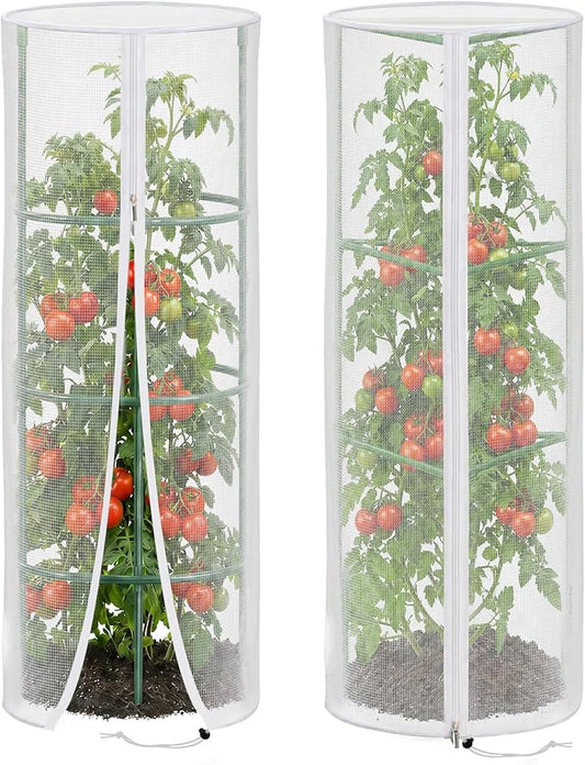 2 Pcs Garden Mesh Plant Cover for Round Tomato Cage, 57" x 15.7" Insect Bird Netting Protection Net Covers with Zipper & Drawstring, Garden Tomato Trellis Netting for Climbing Plants