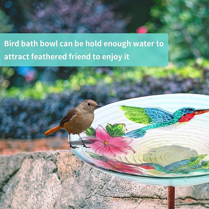 MUMTOP Glass Bird Bath, Garden Outdoor Birdbaths Birdfeeder with Metal Stake, Multi