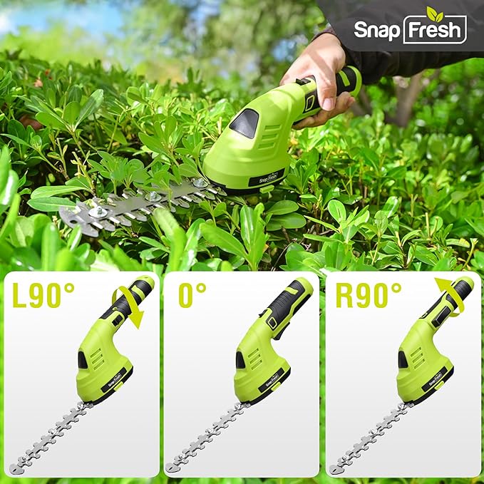 SnapFresh Cordless Hedge Trimmer & Grass Shears, 2-in-1 7.2V Handheld Mini Hedge Trimmer with 180° Rotating Head, Electric Bush & Shrub Trimmer, 2.0Ah Battery & USB-C Charging for Garden Yard Lawn