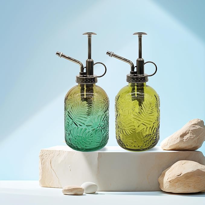 Glass Plant Mister Spray Bottle, 350ML Vintage Plant Spritzer, Succulent Watering Bottle Glass with Top Pump, Small Plants Sprayer Watering Can for Indoor (Brown Green)