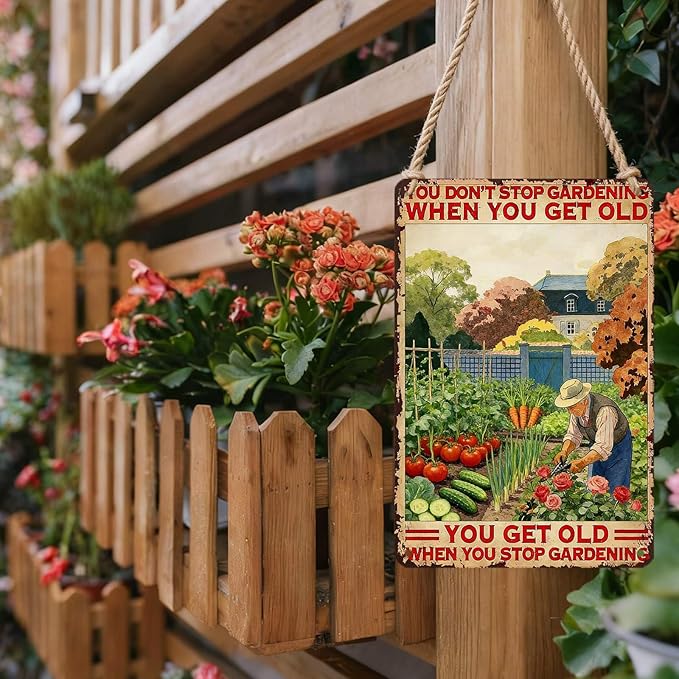 PEACHGARDEN Funny Garden Signs You Don't Stop Gardening When You're Old Metal Tin Sign Garden Wall Art Decor for Patio Yard Outdoor 12x16 inch
