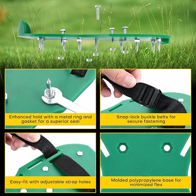 Lawn Aerator Shoes with 1.1''Spikes | Aerating Sandals with Adjustable Hook & Loop Straps, Spike Shoes for Epoxy Flooring, One-Size-Fits-All Yard Garden Grass Soil Aeration Tool (Green)