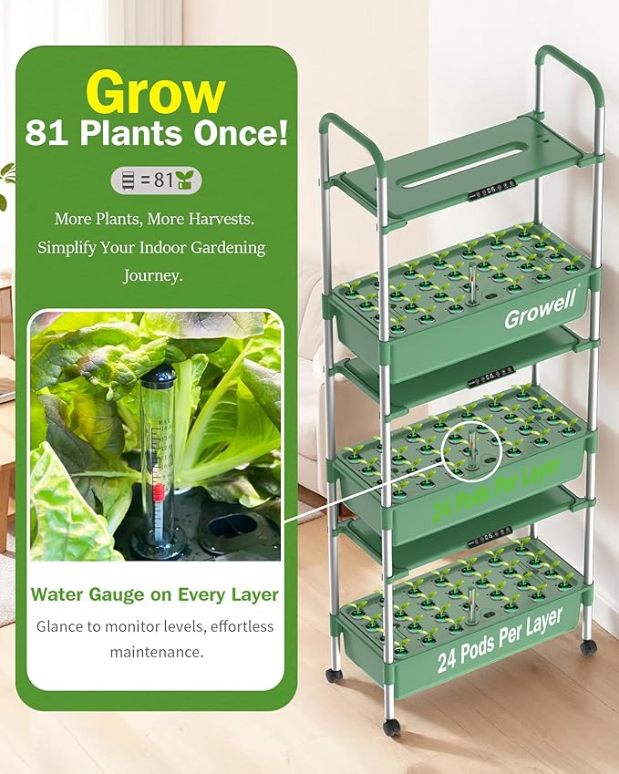 Growell Large Hydroponics Growing System Kit, 81 Pods Vertical Indoor Herb Garden Kit with LED Grow Light & Independent Water Pump, 42L Movable Indoor Planter Perfect Gardening Gifts (3 Tier-Green)