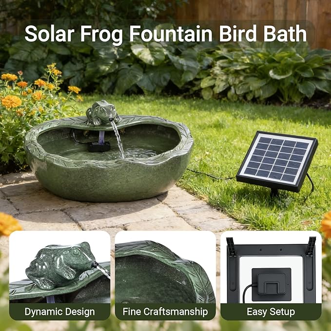 Ceramic Solar Water Fountain Outdoor – 11" Glazed Frog Solar Garden Fountain, Solar Powered Fountain for Garden, Patio, Yard, Tabletop