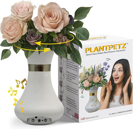 Interactive Robotic Pure Ivory Vase for Flower Bouquets | Bluetooth Capable, Touch Sensitive Floral Holder | Record a Message for Mother's Day, Birthdays, Anniversaries | 6x9 Inches