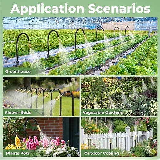 33FT Drip Irrigation System for Garden: 10 Nozzles 1/4" PE Tubing Automatic Watering Kit Adjustable Misting Sprinkler Mister Hose for Water Plants Tape Raised Beds Lawn Outdoor Yard Greenhouse