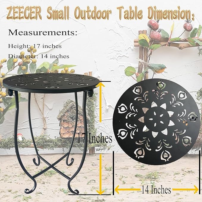 Outdoor Side Table, 14-inch Small Round Metal Patio Table with Flower Cut-Out Design, Set of 2 Modern Rust-Proof Portable End Table Patio Side Table for Outside Garden Balcony Yard & Indoor Use