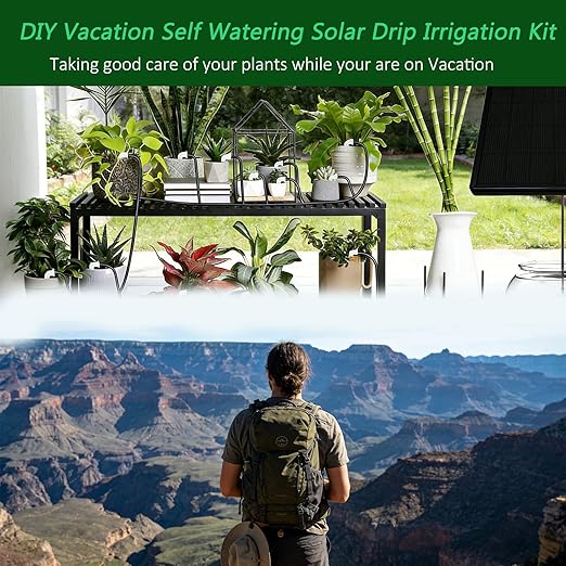 49FT Solar Drip Irrigation System, Automatic Watering Irrigation Kit for 15 Potted Plants, Auto DIY Watering System Plant Water Devices with Timer for Greenhouse Balcony Indoor Outdoor