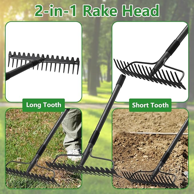 77 inch Bow Rake, 2-in-1 Metal Garden Lawn Rake for Weeding Digger Loosening Soil Raking Leaf Leveling Rocks Spreading Mulch Gravel 17 Tines Adjustable Garden RakeBow Rake