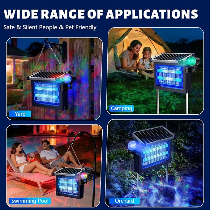 Zechuan Solar Bug Zapper Outdoor, Cordless Rechargeable Mosquito Killer | IP66 Waterproof Fly Zapper, 4500V Grid, Auto/Manual Mode, Cordless with Projection Light, Cord & Chain for Patio Camping RV