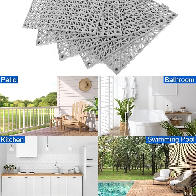 MYFAMIREA Modular Interlocking Cushion 18 Pack 11.8" x 11.8" Rubber Floor Tiles Non-Slip Splicing Drainage Mats for Deck, Pool, Outdoor Shower, Patio, Balcony, Indoor Bathroom, Kitchen, Yard (Gary)