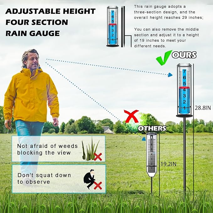 Rain Gauge Outdoor, Upgraded Rain Gauges Outdoors Best Rated,Accurate Rain Measure Gauge for Yard,Adjustable Height Rainfall Meter,Rain Gauge Outdoor Freeze Proof,Rain Measuring Tool,Easy to Read