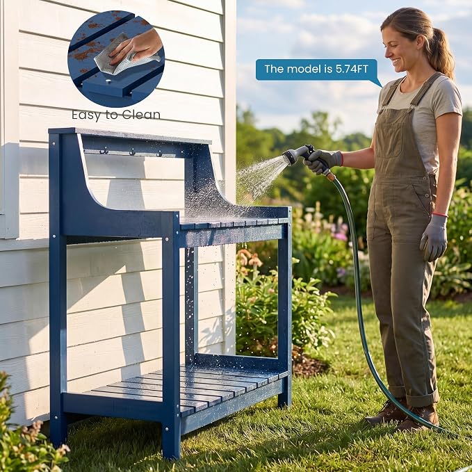 Garden Potting Bench for Outside, HDPE Outdoor Potting Table with Storage Shelves & Tool Hooks, All Weather Planting Workstation for Patio Backyard Garden (Dark Blue)