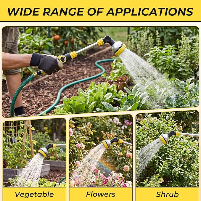 Hushee 4 Pcs 18.5 Inches Garden Watering Wand Bulk 180° Rotating Head Hose Wand with Thumb Control Shut off Valve 8 Patterns Garden Hose Nozzle Yellow