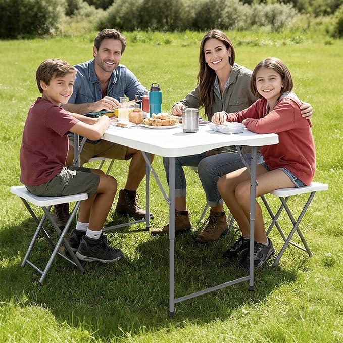 FoldingTable 4 Foot Portable Heavy Duty Plastic Table and Adjustable Height Folding with Carrying Handle,Indoor Outdoor with Kids Table, Picnic,Party,Camping White