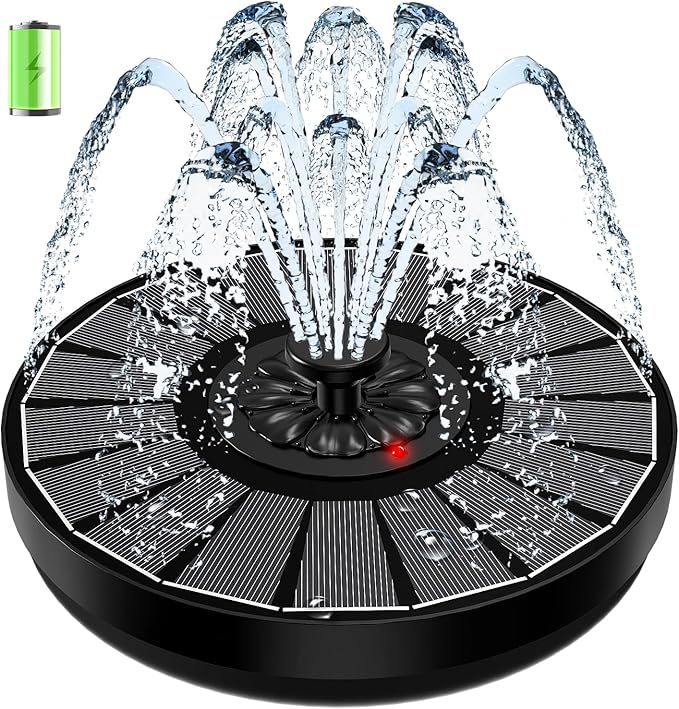 Solar Fountain Work On Cloudy Day,Solar Water Bird Bath Fountain with Faster Conversion Glass Solar Panel and Power Indicator,Built-in 2000mAh Battery,Outdoor Garden Decor(Black Panel)