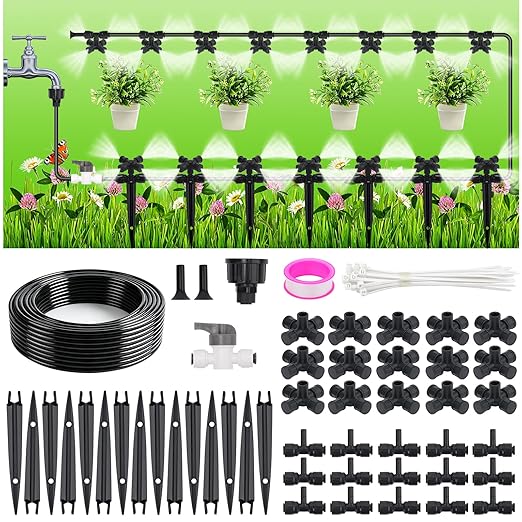 50FT Drip Irrigation System Kit, Garden Watering System with Quick Connectors 1/4 inch Drip Tubing & Quick Connect Fittings Adjustable Mist, Watering System for Outdoor Plants