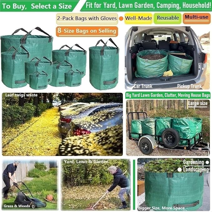 Professional 2-Pack 106 Gallon Large Lawn Garden Bags (D31,H31 inch) Yard Waste Bags with Gardening Gloves for Leaf Bags,Yard Debris,Garden Trash Container,Lawn Weeds Bag,Grass Clippings Bag 4 Handles