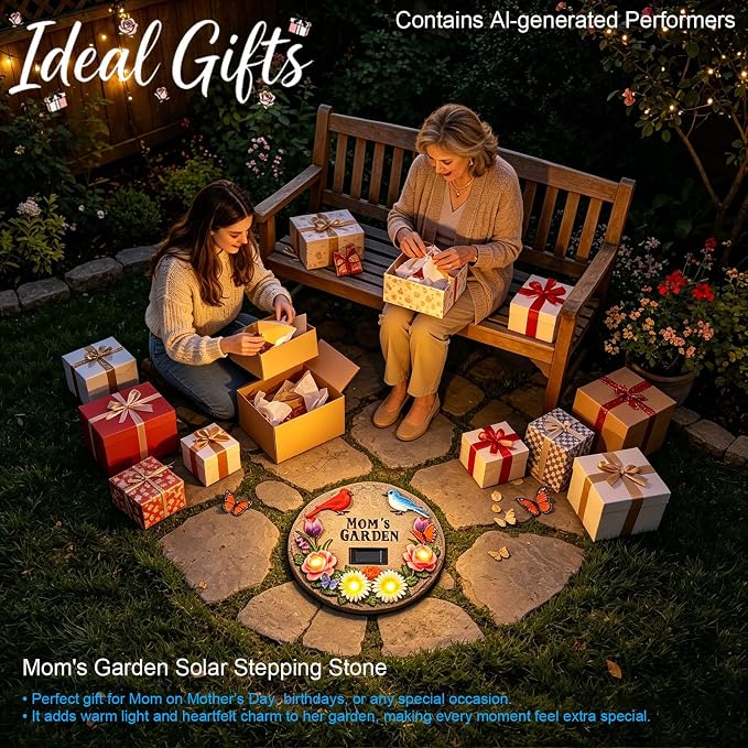 Stepping Stones Outdoor Solar Lights for Mother's Day with Cardinal Robin Birds Flowers and Mom's Garden Signs, Garden Gifts for Mom Resin Path Light with 4 LED Lamps for Walkway Yard 10 Inch
