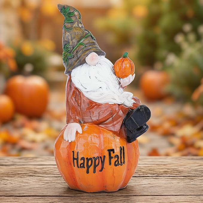 Topadorn Fall Garden Gnome Figurine Sitting on Pumpkin Statue Autumn Harvest Garden Gnomes Statue Figurine for Patio Yard Lawn Porch Decoration, Happy Fall
