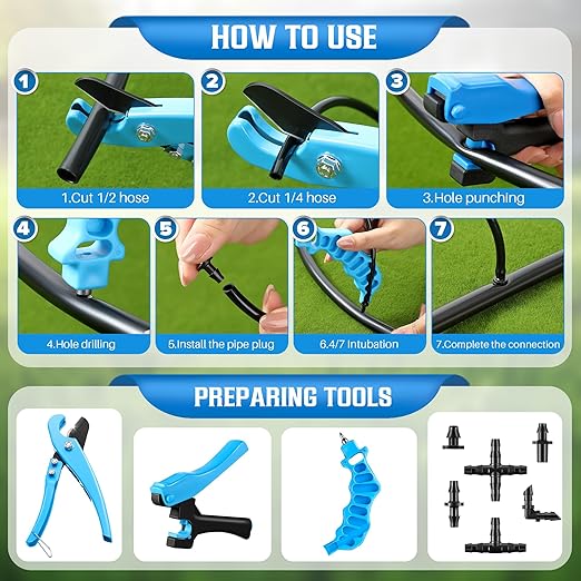 Feekoon Irrigation Drip Tools with Barbed Connectors, 2-in-1 Drip System Punch Tool for 1/4" Fitting, 16 20 25mm PE Pipe & Emitter; Ideal for Garden & DIY Watering System(Blue,230 Irrigation Plugs)