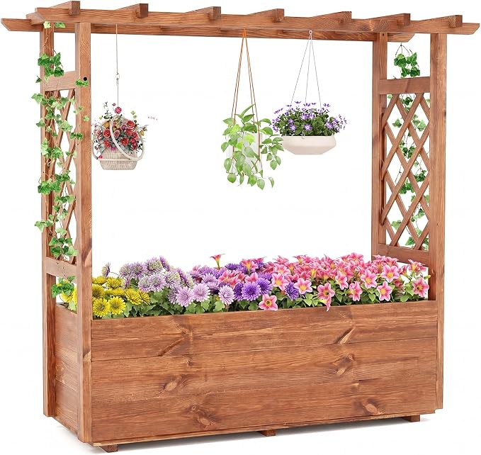 Giantex Raised Garden Bed with Sided Trellis & Roof, 45”x16”x41” Wood Elevated Planter Box, Freestanding Garden Planter Raised Bed for Flowers Herbs Climbing Vines,Brown,1