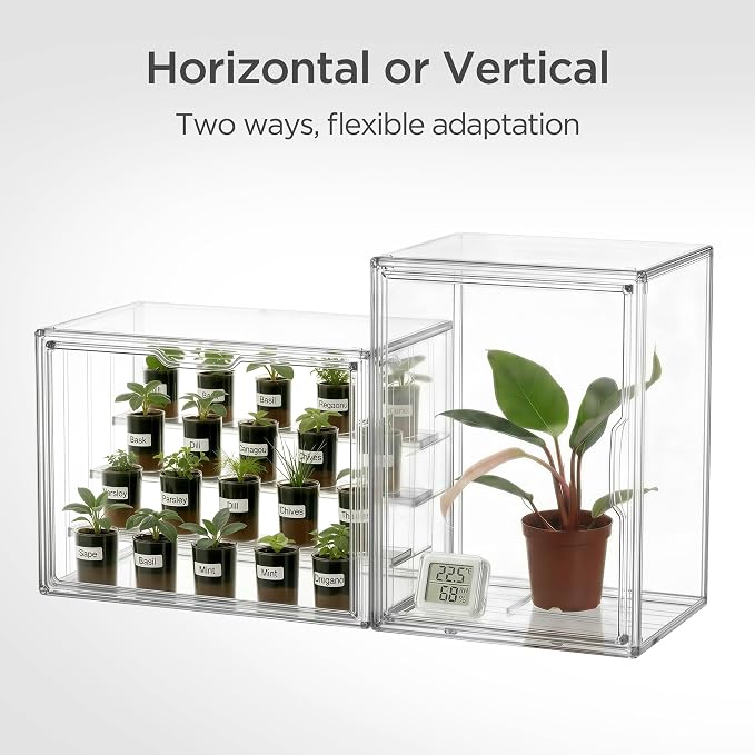 HBlife Mini Greenhouse for Indoor, Clear Stackable Green House with Magnetic Door & Adjustable Drainage Dividers, Tabletop Portable Greenhouse for Small Plants Nursery Germination and Display, 3 Pack