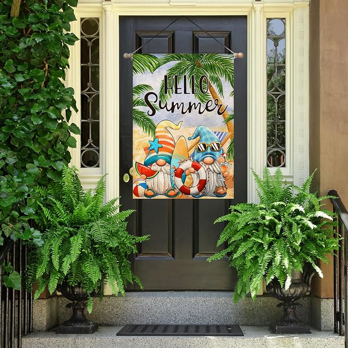 Hello Summer House Flags for Outdoor Decoration, Cartoon Gnomes at The Beach Large Yard Flag, Seasonal Decorative Celebration Decor for Spring Farmhouse Holiday Outside 28x40 Inch Vertical Double Sided