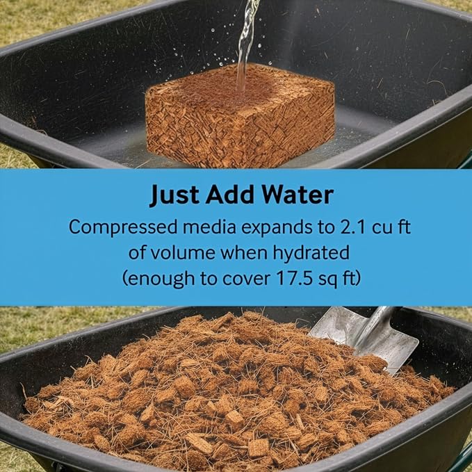PlantBest Coco Mulch Compressed Block 9.1 lb – Expands to 64 Quarts and Up to 17.5 Sq. Feet, Organic Coconut Mulch for Landscaping, Garden Beds, Trees, Plants & Weed Control