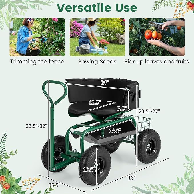 Garden Cart with Seat, Heavy-Duty Rolling Wagon Scooter with Wheels, Height Adjustable & 360° Swivel Seat, Storage Tray, Basket & Handle, Outdoor Gardening Work Seat for Patio Yard(Green)