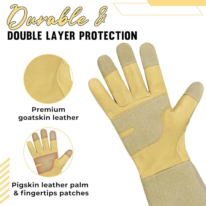 HANDLANDY Rose Pruning Gardening Gloves for Men Women, Thorn Proof Forearm Protection Leather Garden Gloves, Gardening Gifts for Gardeners (Vanilla, Large)