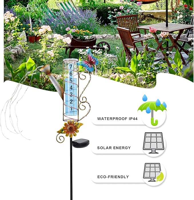 MUMTOP Rain Gauge Outdoor Solar Powered, 36 Inch Large Number Watering Can Water Gauge for Lawn, Yard and Garden