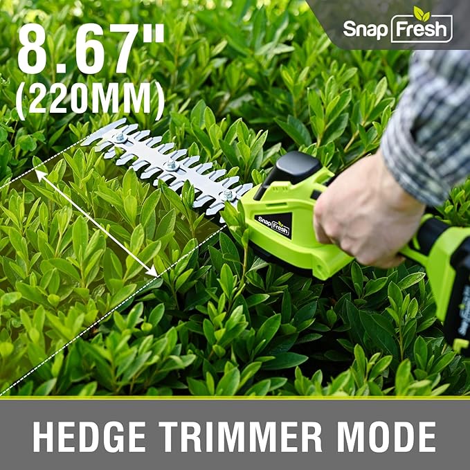 SnapFresh 20V Cordless Hedge Trimmer, 2-in-1 Electric Shrub Trimmer, 8.67" Hedge Blade & 4.72" Grass Shears, 2.0Ah Battery & Fast Charger Included, Handheld Bush Trimmer for Garden, Lawn & Yard