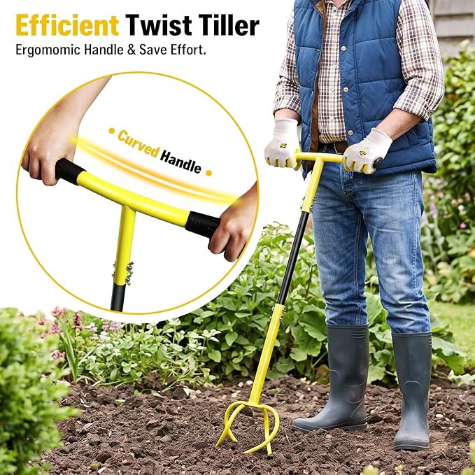 Garden Twist Tiller Manual Hand Tiller, Garden Claw Cultivator with Ergomomic Handle, Big Claw Steel Cultivator, Garden Tool Lawn Aerator Soil Loosener for Plant Box Garden Bed