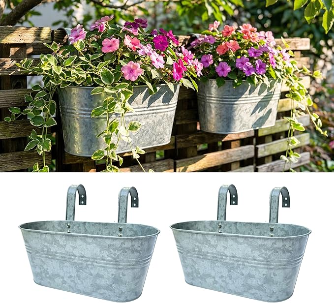 LaLaGreen Outdoor Plants Rail Planter (15 Inch, 2 Pack) Silver Metal Iron Hanging Flower Pot Deck Railings Fence Bucket Modern Boho Style Wall Mount Window Box Plant Wall Hanger Hooks Porch Home Decor