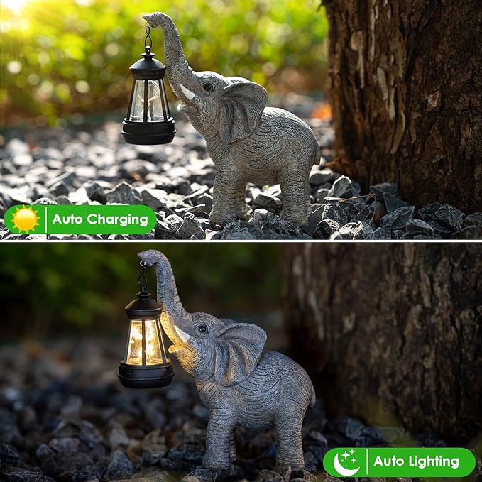 Candieslife Solar Garden Statue Lights Elephants Figurine with Solar Lantern, IP65 Waterproof Outdoor Yard Decorations for Patio Porch Yard Lawn,Home,Garden Gifts for Mom Grandma Women