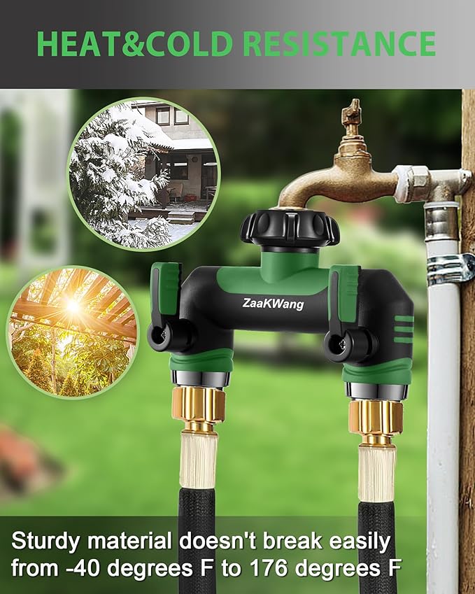Garden Hose Splitter 2 Way, Heavy Duty Water Hose Spigot Bib Splitter, Outdoor Faucet Splitter with Shutoff Valve, T Adapter Connector with 3/4 - Inch GHT Thread (Green)