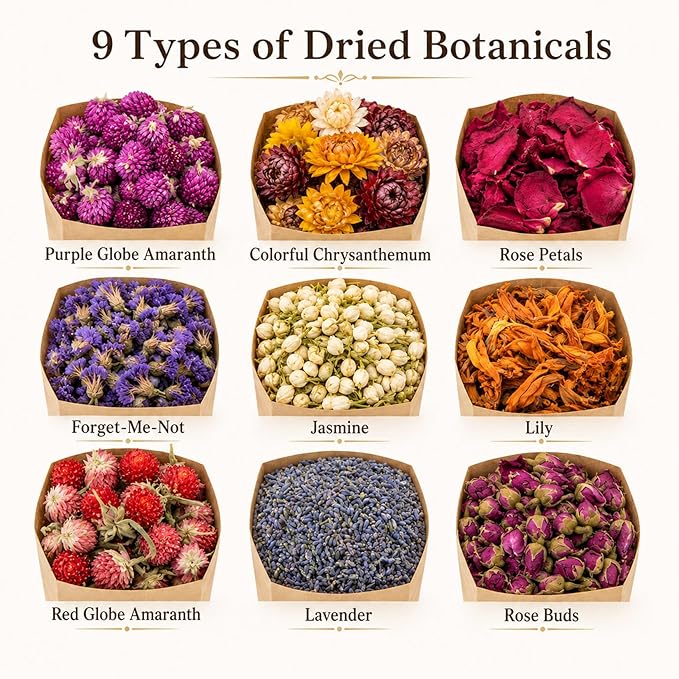 Sukh Dried Herbs Kit - Dried Botanicals Bulk,9 Bags Natural Dry Flowers and Herbs for Soap,Candle,Perfume,Bath Bombs,Resin Jewelry Making Supplies,Fragrance Sachet DIY and Witchcraft