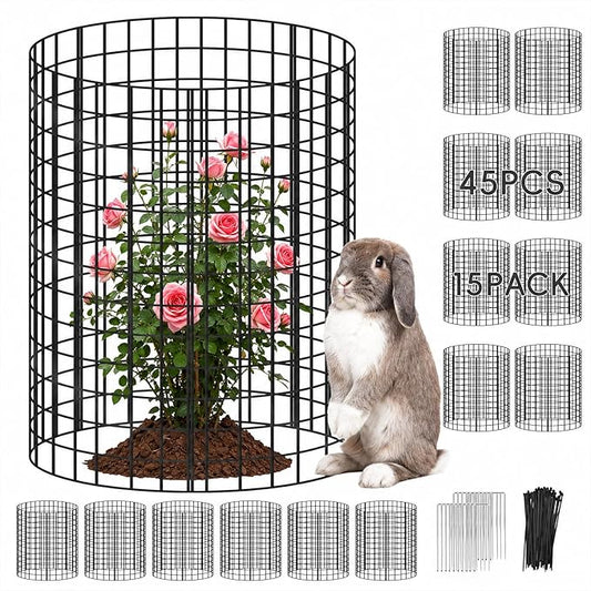 15 Packs Plant Protectors from Animals, 45Pcs 12"x 16" Large Metal Wire Mesh Garden Plant Cages for Outdoor Gardening, Chicken Wire Cloche Plant Cages for Rabbits with Zip Ties & Stakes(Black)