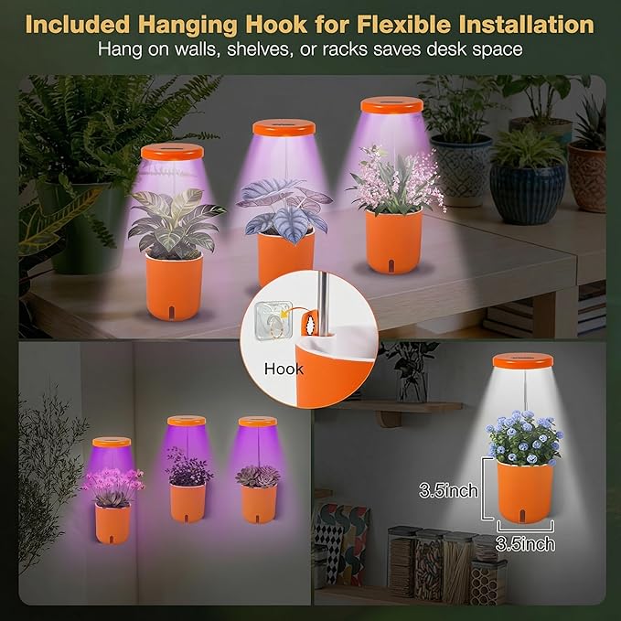 Self-Watering Planter with Grow Light, Smart Indoor Pot for Venus Fly Trap, Carnivorous Plants, African Violet, Cat Grass, Catnip & Herbs, 2-in-1 Wall + Desktop, USB 5W Full Spectrum LED