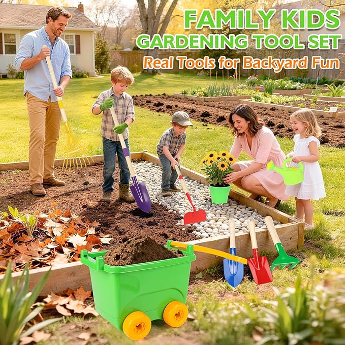 FHOZGECY Kids Gardening Set with Wheelbarrow, Metal Gardening Tools with Apron, Gloves, Watering Can, Repotting Mat, Flower Pots, Outdoor Backyard Play Learning Toys for Boys Girls Ages 3-8