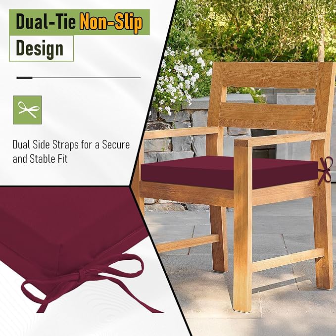 Basic Beyond Outdoor Chair Cushions Set of 4, Square Corner Outdoor Cushions for Patio Furniture, Water Resistant Patio Chair Cushions with 2 Ties, 18.5x16x3, Burgundy
