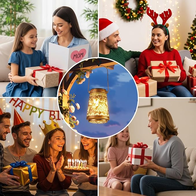 4 Pack Solar Lanterns Outdoor Waterproof Birthday Gifts for Women Mom Grandma, Hollowed-Out Metal Hummingbird Hanging Solar Lantern Lights Outdoor Decor, 2 Lighting Modes for Yard, Patio