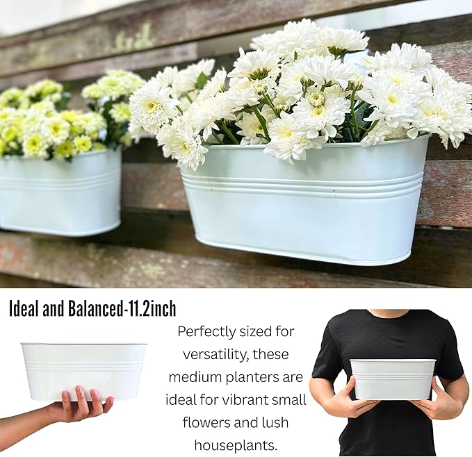 LaLaGreen Rail Planters for Outdoor (11.2 Inch, 8 Pack) White Metal Iron Hanging Flower Pots, Strawberry Planter Deck Railing Fence Bucket Modern Stylish Wall Mount Window Box Plant Holder Porch Décor