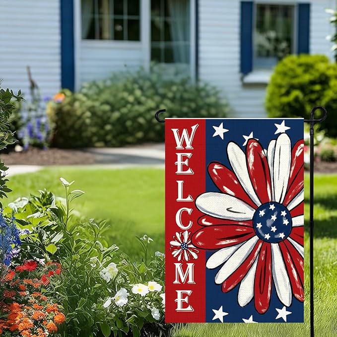 4th of July Garden Flag 12x18 Inch Double Sided, Patriotic Memorial Day Floral Flag for Yard Outdoor Decoration