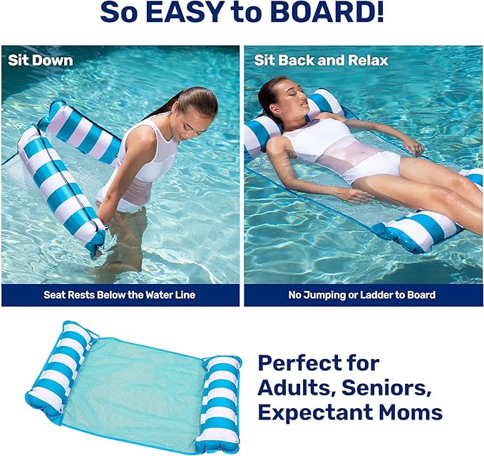 Aqua 4-in-1 Monterey Hammock Pool Float & Water Hammock, Multi-Purpose, Inflatable Pool Floats for Adults, Patented Thick, Non-Stick PVC Material, One Light Blue & One Burgundy/White Stripe, 2-Pack